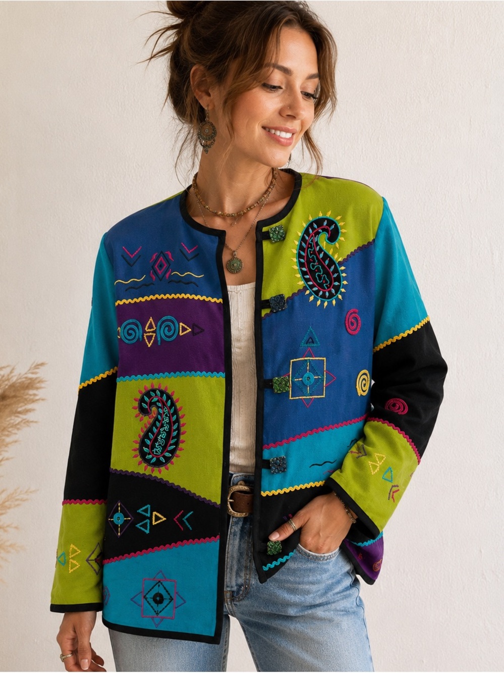 Vintage Allure Wearable Art Embroidered Jacket Colorblock Boho Lagenlook XL